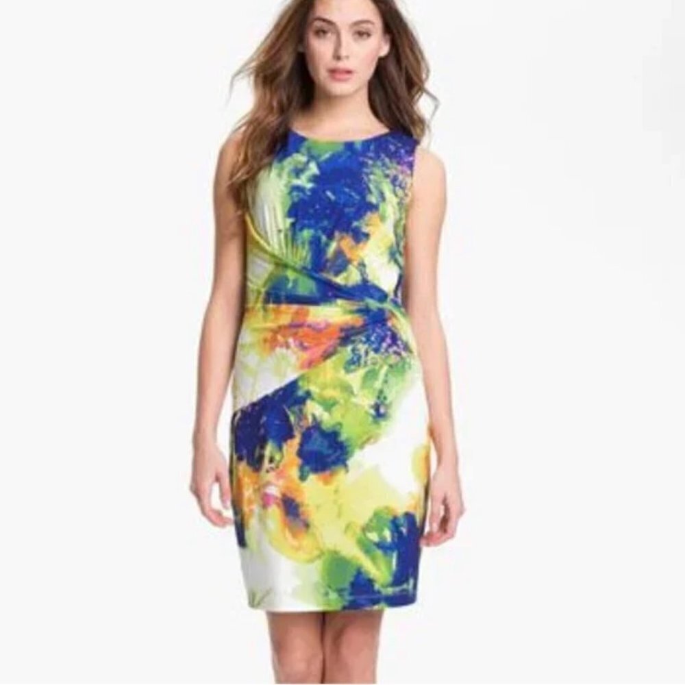 Suzy Chin x Maggie Boutique‎ Abstract Ruched Sleeveless Midi Sheath Dress Sz 10